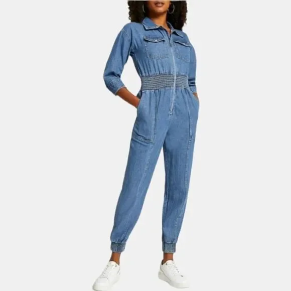 NWT River Island Jumpsuit Blue Denim Smocked Waist Boilersuit Size 8 UK, 6 US - Picture 1 of 12